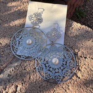 Silver Filigree Medallion Earrings with Pearl Accent